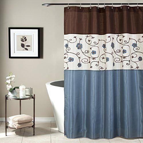 עיצוב שופע וילון מקלחת גן מלכותי כחול | בד פרחוני בצבע פרחוני פס ניטרלי עיצוב אמבטיה, 72 x 72, 72
